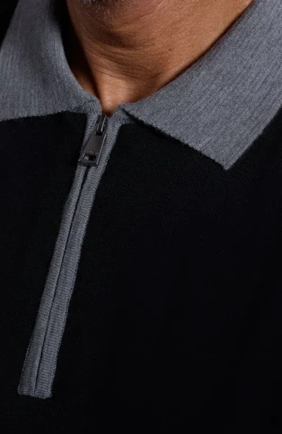 Bugatchi Long Sleeve Merino Wool Quarter Zip Polo Sweater In Black