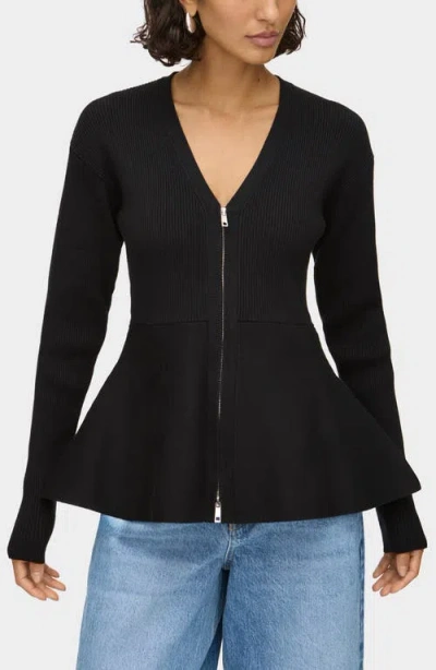 Aligne Peplum Detail Rib Zip Cardigan In Black