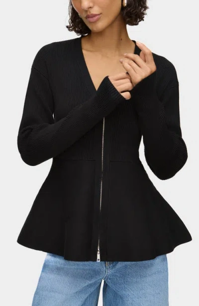 Aligne Peplum Detail Rib Zip Cardigan In Black