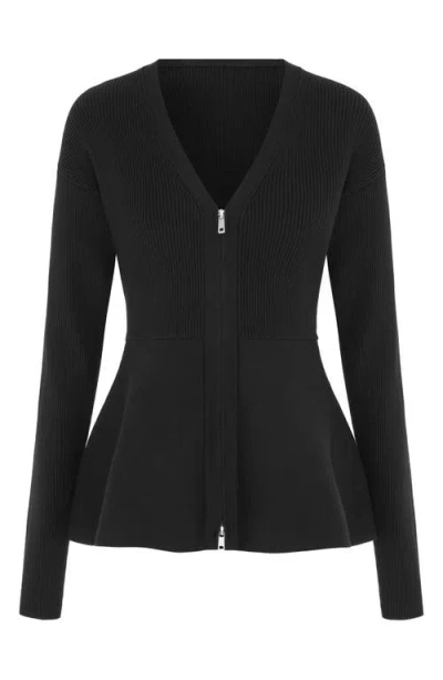 Aligne Peplum Detail Rib Zip Cardigan In Black