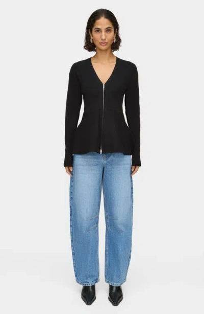 Aligne Peplum Detail Rib Zip Cardigan In Black