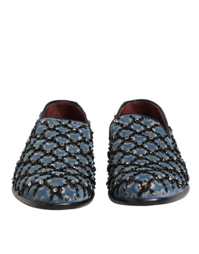 Pre-owned Dolce & Gabbana Blue Velvet Crystal Detailing Loafer Men Men's Shoes ()