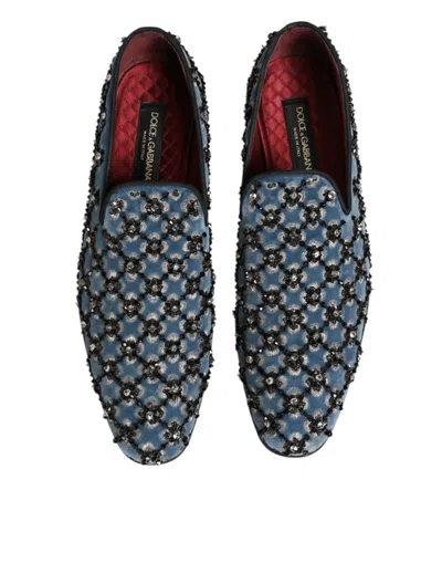 Pre-owned Dolce & Gabbana Blue Velvet Crystal Detailing Loafer Men Men's Shoes ()