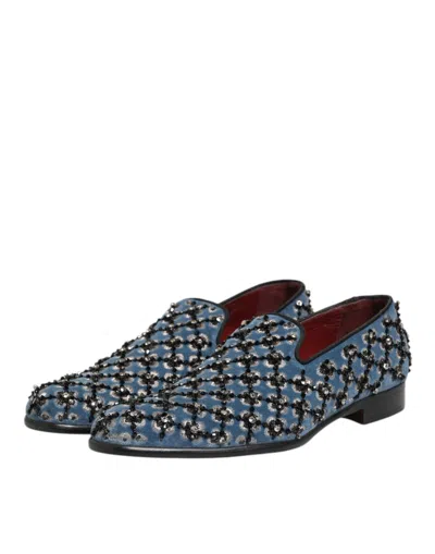 Pre-owned Dolce & Gabbana Blue Velvet Crystal Detailing Loafer Men Men's Shoes ()