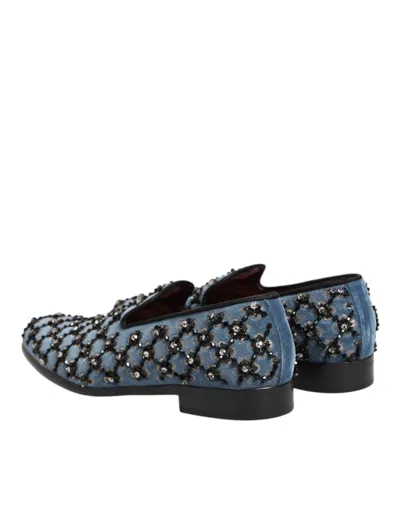 Pre-owned Dolce & Gabbana Blue Velvet Crystal Detailing Loafer Men Men's Shoes ()