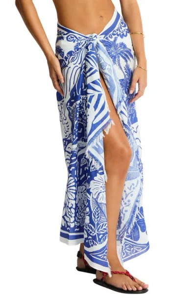 Sea Level Jungle Lino Long Pareo Sarong In Blue