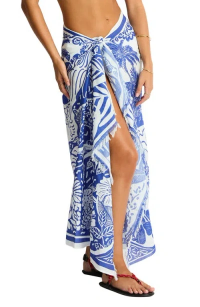 Sea Level Jungle Lino Long Pareo Sarong In Blue