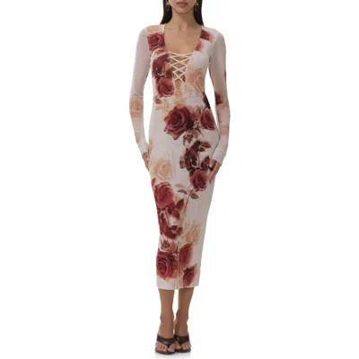 Afrm Cambria Print Long Sleeve Mesh Midi Dress In Black