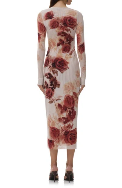 Afrm Cambria Print Long Sleeve Mesh Midi Dress In Black