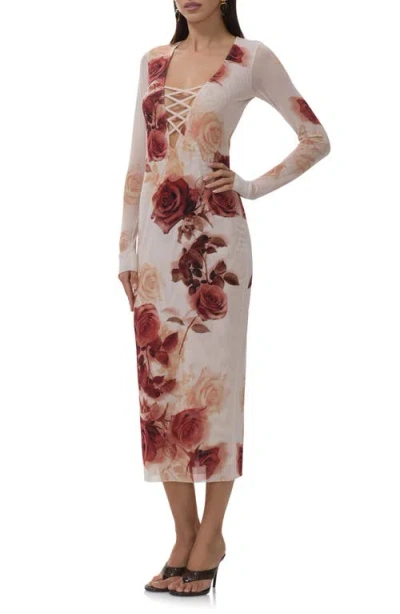 Afrm Cambria Print Long Sleeve Mesh Midi Dress In Black