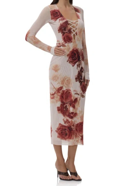 Afrm Cambria Print Long Sleeve Mesh Midi Dress In Black