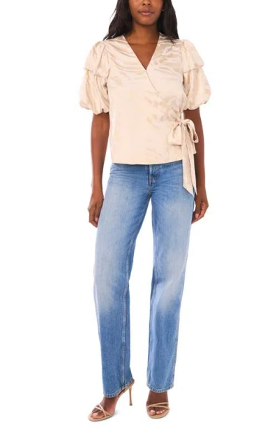 Vince Camuto Double Bubble Sleeve Satin Jacquard Wrap Front Top In Animal Print