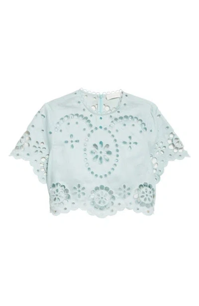 Zimmermann Cropped Linen Top With Scalloped Embroidery In Blue