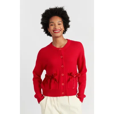 Chinti & Parker Velvet-red Merino Wool Velvet Bow Cardigan In Red
