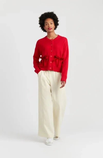 Chinti & Parker Velvet-red Merino Wool Velvet Bow Cardigan In Red