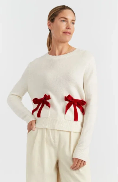 Chinti & Parker Cream Merino Wool Velvet Bow Sweater In White