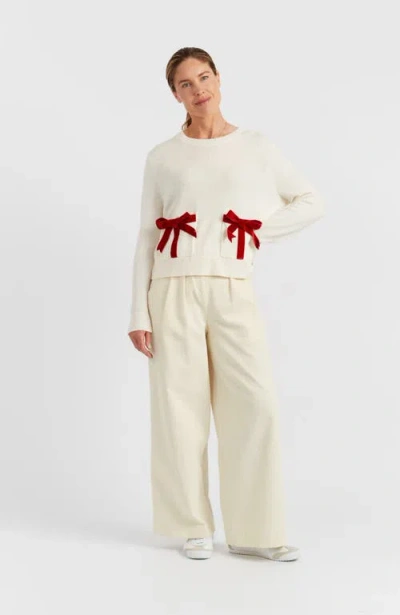 Chinti & Parker Cream Merino Wool Velvet Bow Sweater In White