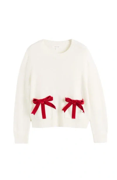 Chinti & Parker Cream Merino Wool Velvet Bow Sweater In White