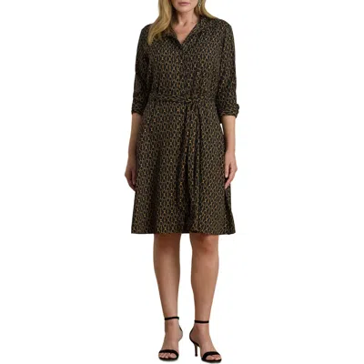 Ralph Lauren Lauren  Chain Print Tie Waist Long Sleeve Crepe Shirtdress In Brown