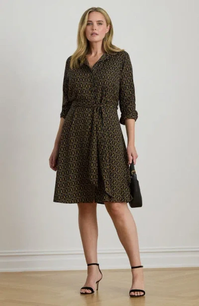 Ralph Lauren Lauren  Chain Print Tie Waist Long Sleeve Crepe Shirtdress In Brown