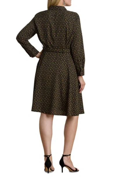 Ralph Lauren Lauren  Chain Print Tie Waist Long Sleeve Crepe Shirtdress In Brown