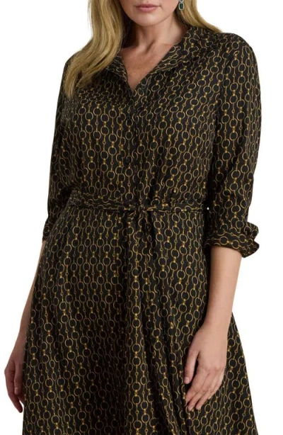 Ralph Lauren Lauren  Chain Print Tie Waist Long Sleeve Crepe Shirtdress In Brown