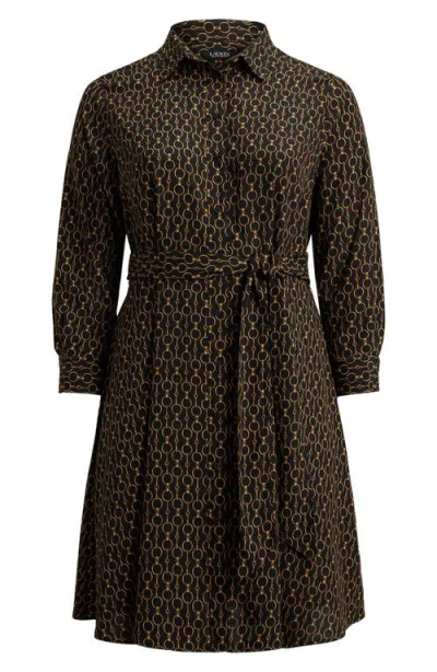 Ralph Lauren Lauren  Chain Print Tie Waist Long Sleeve Crepe Shirtdress In Brown