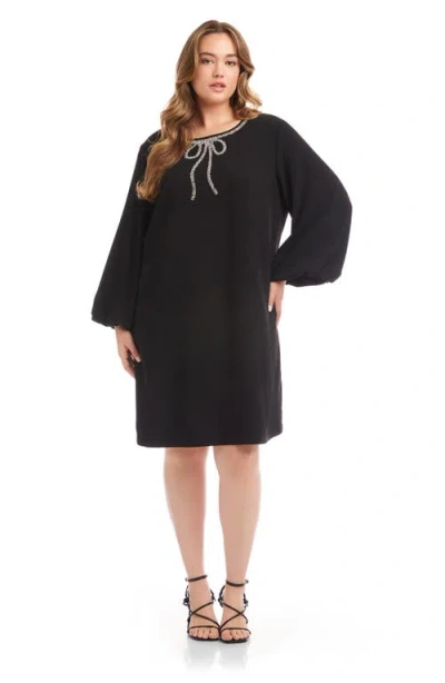 Karen Kane Embellished Bow Long Sleeve Shift Dress In Black