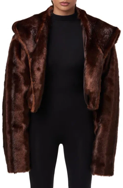 Naked Wardrobe Hooded Faux Fur Crop Jacket In Brown