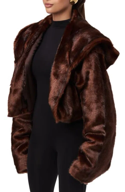 Naked Wardrobe Hooded Faux Fur Crop Jacket In Brown