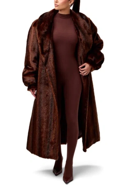 Naked Wardrobe Longline Faux Fur Coat In Brown
