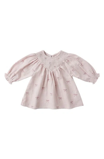 Quincy Mae Bow Print Smocked Long Sleeve Organic Cotton Dress & Bloomers In Neutral