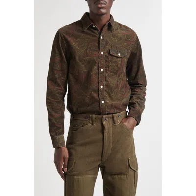 Double Rl Paisley Print Cotton Corduroy Button-up Work Shirt In Brown