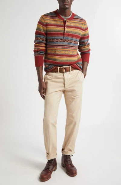 Double Rl Stripe Wool Blend Henley Sweater In Brown
