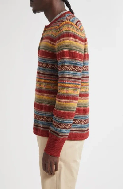 Double Rl Stripe Wool Blend Henley Sweater In Brown