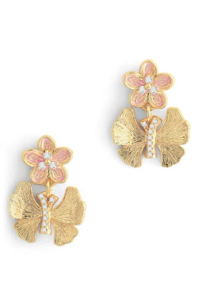 Anabel Aram Jewelry Butterfly With Enamel Flower Drop Earrings In Gold