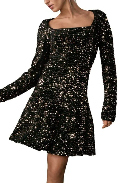 Next Sequin Square Neck Long Sleeve Minidress In Black