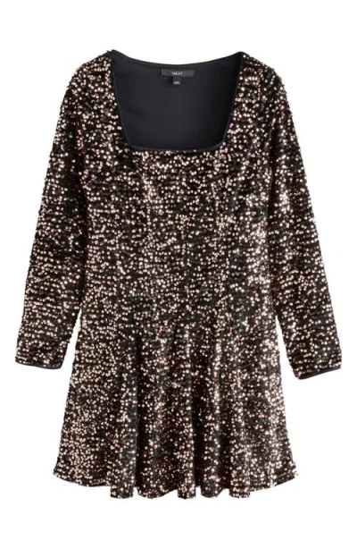 Next Sequin Square Neck Long Sleeve Minidress In Black