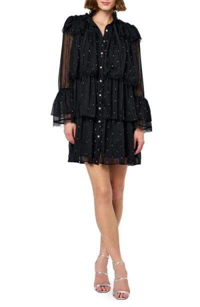 Ciebon Bharti Metallic Fleck Eyeleash Lace Long Sleeve Minidress In Black