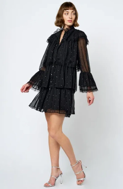 Ciebon Bharti Metallic Fleck Eyeleash Lace Long Sleeve Minidress In Black