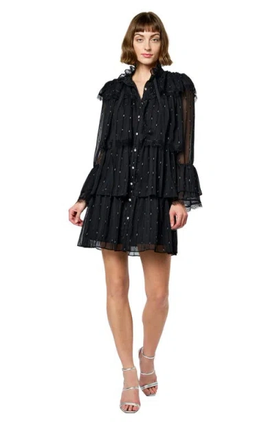 Ciebon Bharti Metallic Fleck Eyeleash Lace Long Sleeve Minidress In Black