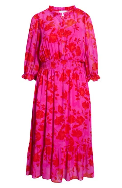 Sugarlips Irene Kensie Floral Long Sleeve Smock Waist Dress In Pink