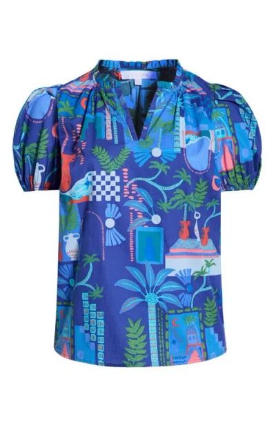 Sugarlips Punta Alta Puff Sleeve Cotton Top In Blue