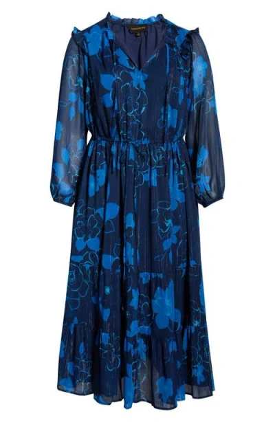 Sugarlips Bluford Metallic Floral Print Long Sleeve Dress In Blue