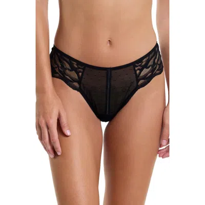 Hanky Panky Gg Diamond Embroidered Mesh & Lace Thong In Black