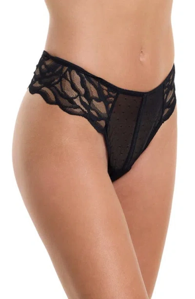 Hanky Panky Gg Diamond Embroidered Mesh & Lace Thong In Black