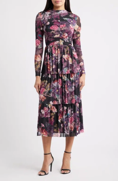 Anne Klein Floral Print Long Sleeve Dress In Multi