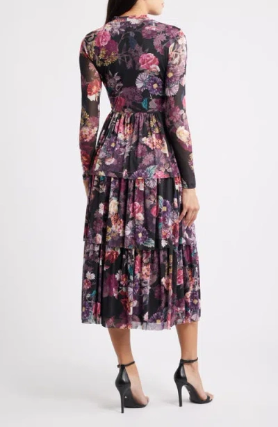 Anne Klein Floral Print Long Sleeve Dress In Multi