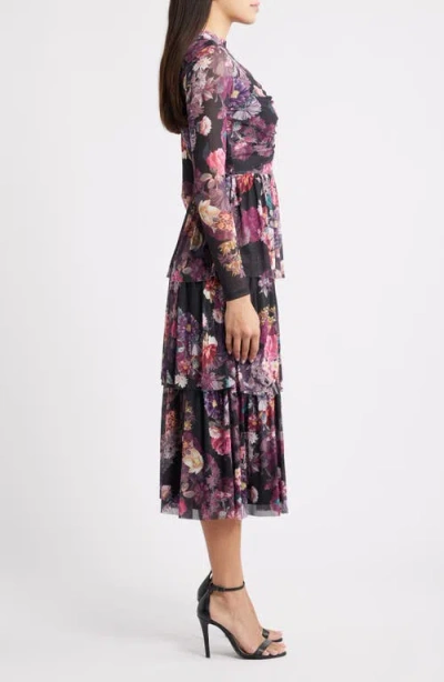 Anne Klein Floral Print Long Sleeve Dress In Multi