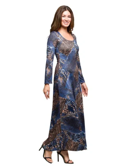 24seven Comfort Apparel Animal Print Long Sleeve Scoop Neck Maxi Dress In Multi